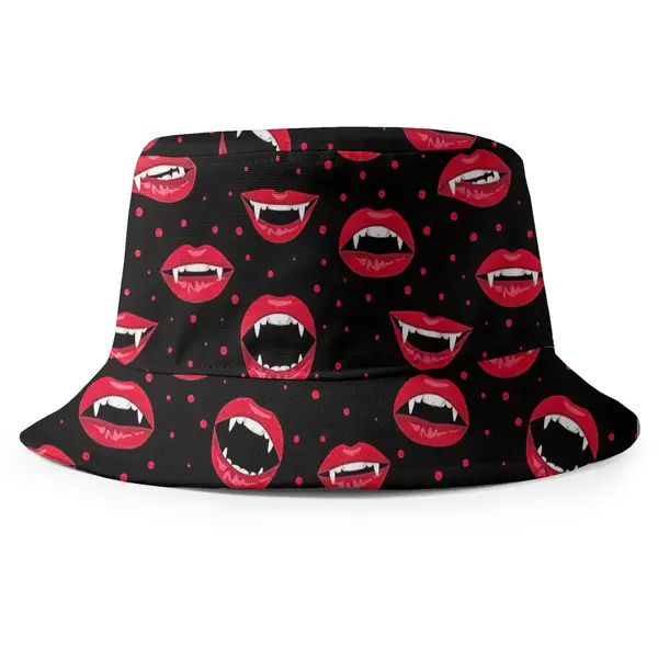 vampire lips with fangs & blood droplets pattern bucket hat for men