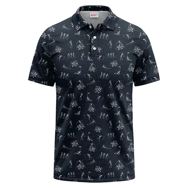 Skeleton Golfers Cartoon Pattern Navy Blue Classic Men's Polo Shirt – front