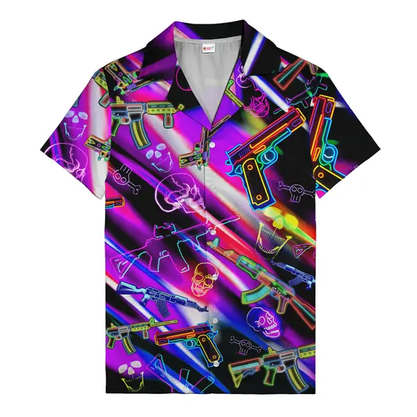 neon guns & skulls cyberpunk repeat pattern hawaiian shirt tropical hawaiian beach shirt