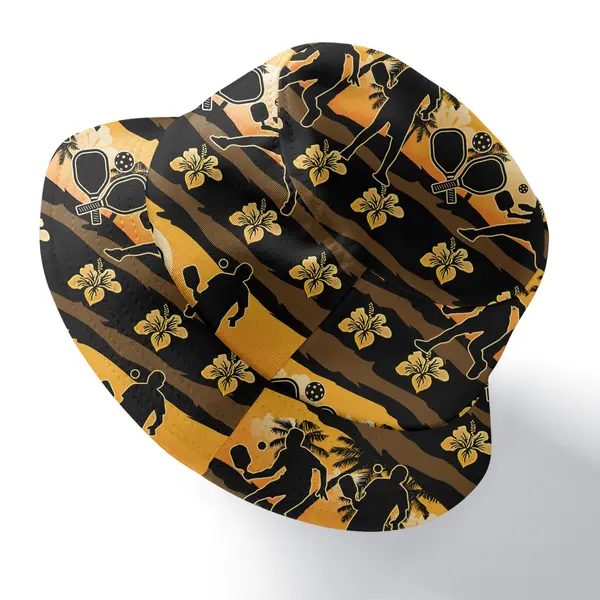 sunset silhouette pickleball players hibiscus floral bucket hat reversible bucket hat