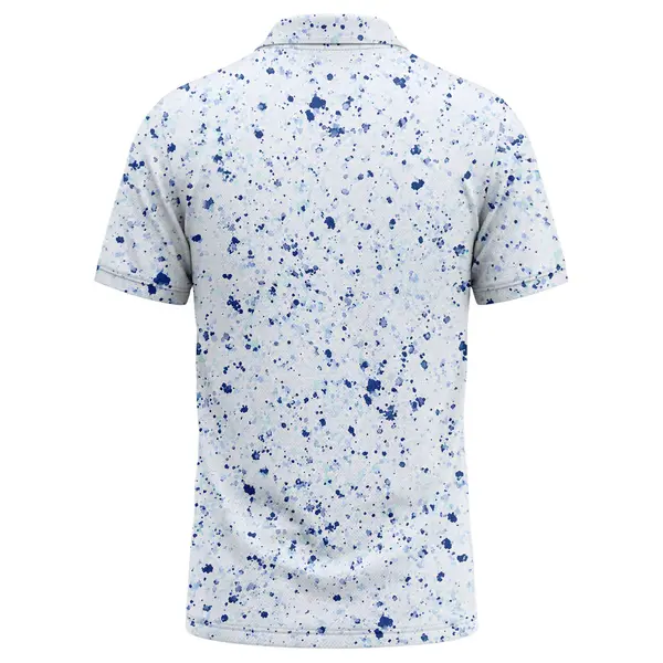 Splatter Paint Abstract Art Polo Shirt | Navy Blue Sky Blue White Custom Printed Golf Polo – back