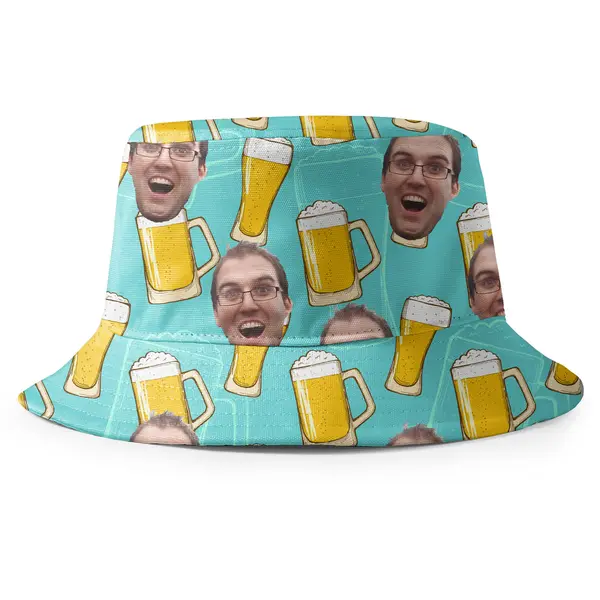 beer mug repeat pattern with custom faces fun cartoon bucket hat for women
