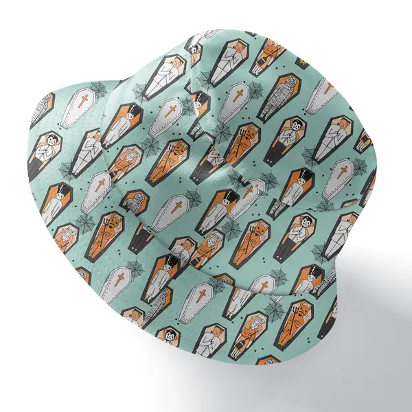 vampires mummies devils coffins spiders pattern bucket hat for women