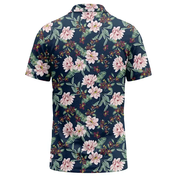 Watercolor Hibiscus Floral With Palm Leaves & Berries Polo Shirt For Men – back