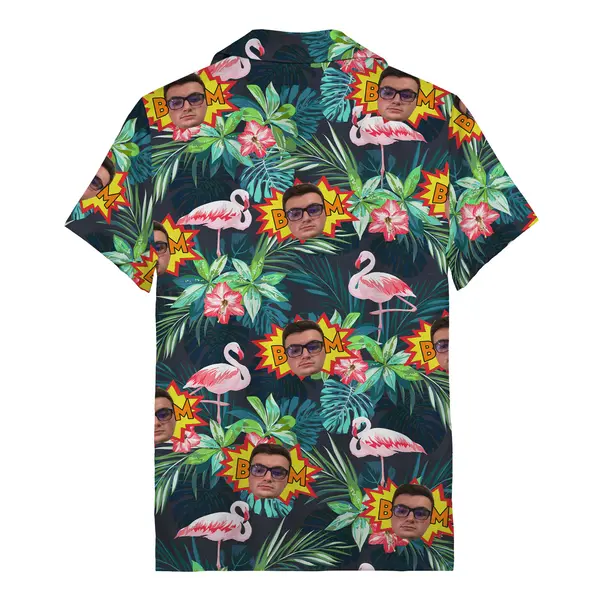 comic boom flamingos custom face hawaiian shirt navy blue coral pink aloha button down shirt