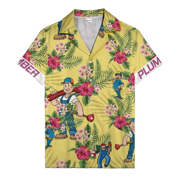 plumber cartoon characters vintage 1950s tropical flowers hawaiian shirt tropical hawaiian beach shi