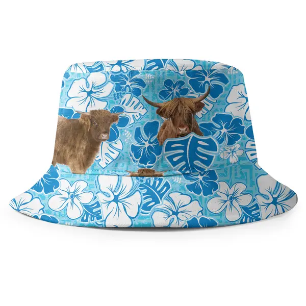 highland cow blue hibiscus floral repeat pattern bucket hat for women