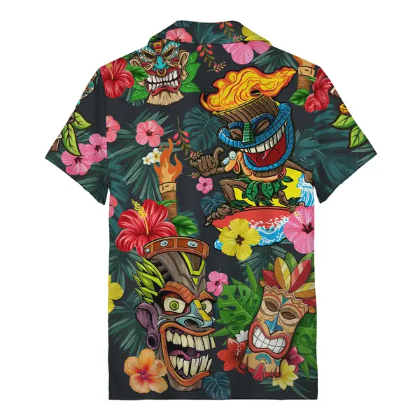 tiki masks & hibiscus flowers vibrant tropical hawaiian shirt aloha button down shirt