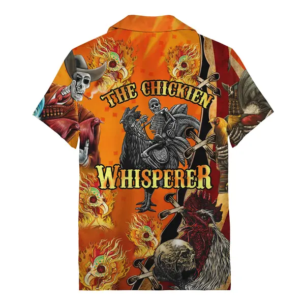 rooster skull & crossbones flames orange hawaiian shirt for men