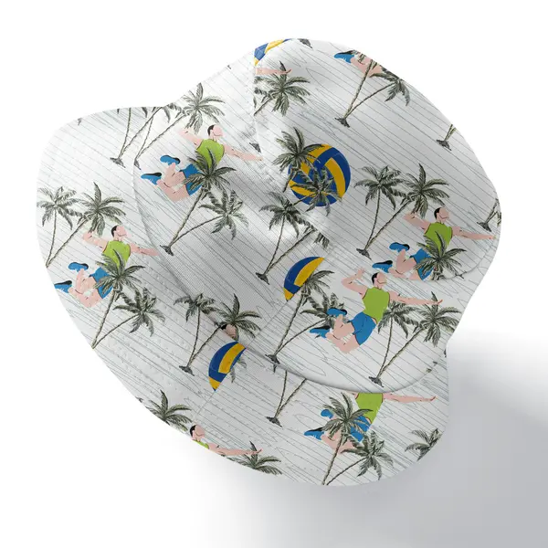 beach volleyball players & palm trees illustrated cartoon all over print bucket hat