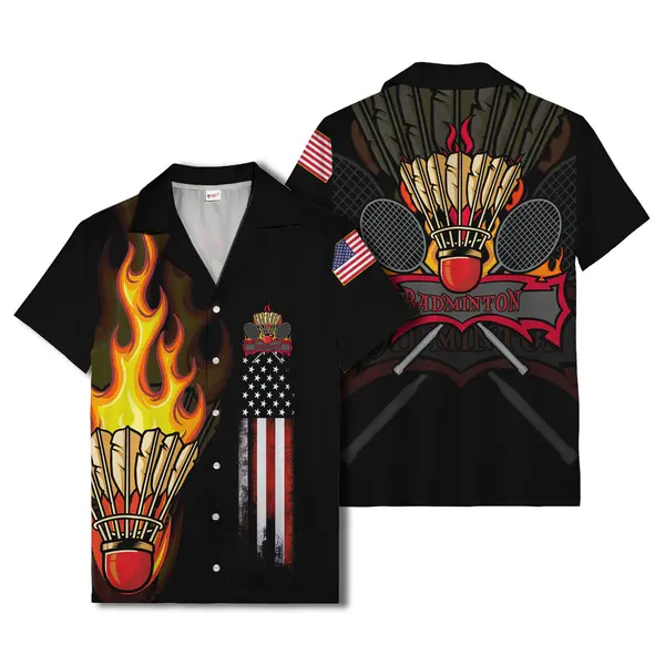 flaming badminton shuttlecock us flag stars & stripes hawaiian shirt for men