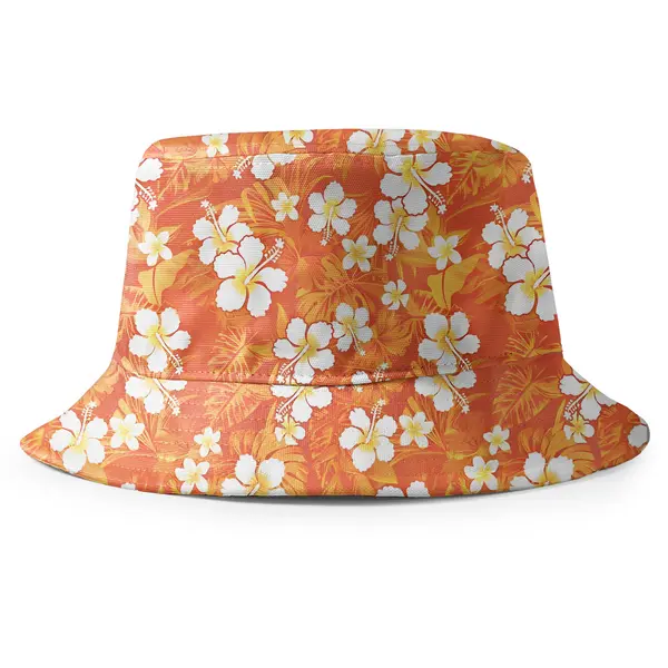 watercolor hibiscus floral tropical leaves coral sunset bucket hat fisherman style bucket hat