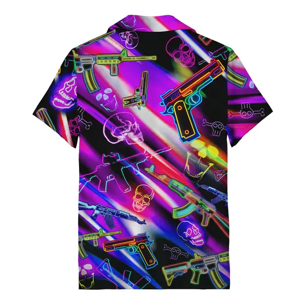 neon guns & skulls cyberpunk repeat pattern hawaiian shirt tropical hawaiian beach shirt