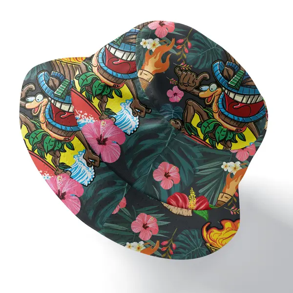 vintage tiki mask hibiscus surfboard flame all over print bucket hat
