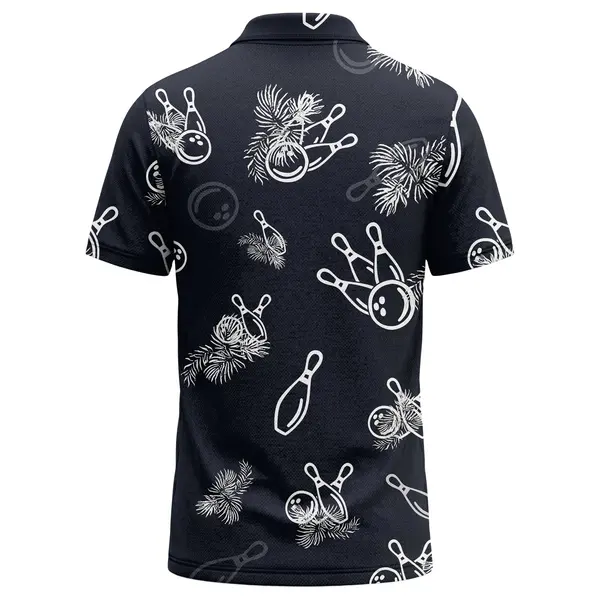 watercolor bowling ball pins and palm leaf repeat navy casual button polo shirt