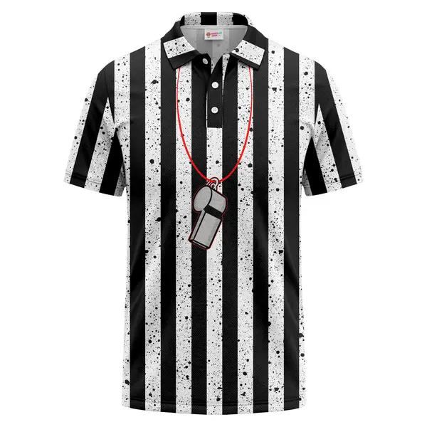 referee whistle vertical stripes black & white all over print polo shirt