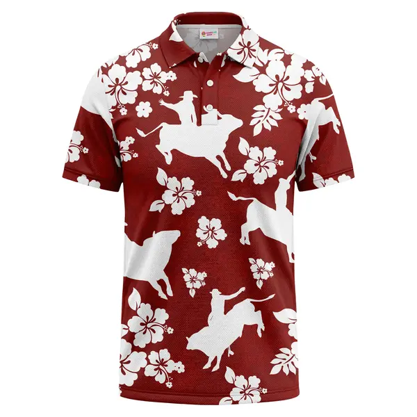 crimson horse silhouettes & white hibiscus floral polo shirt custom printed golf polo