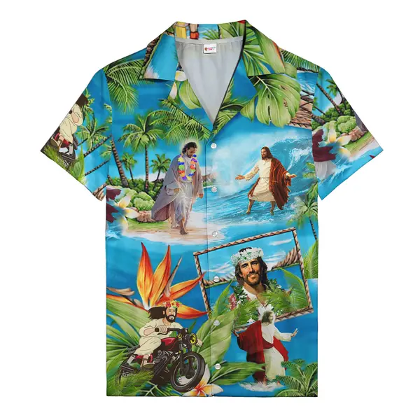 jesus riding motorcycle cartoon beach scene hawaiian shirt men's hawaiian camp shirt