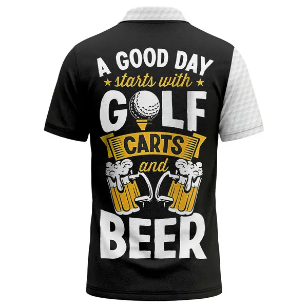 golf ball texture with golfer silhouette and beer bottle casual button polo shirt