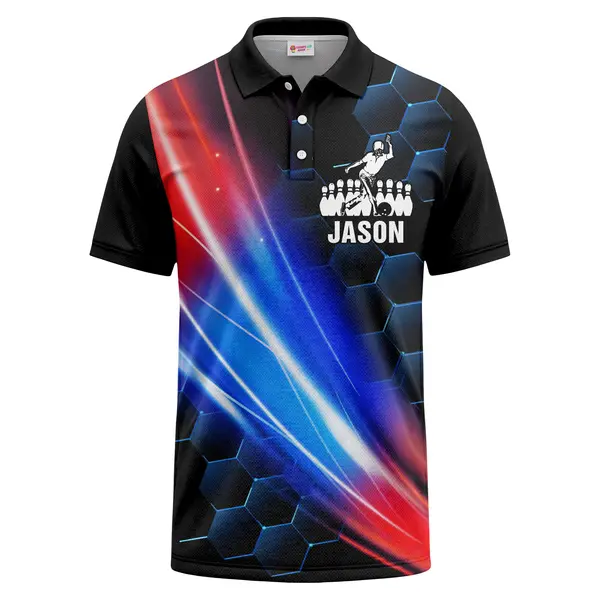 bowling ball crashing pins custom name navy electric red hexagon light streaks all over print polo s polo shirt