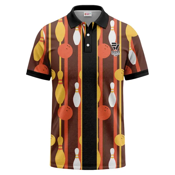vintage cartoon bowling balls & pins striped pattern casual button polo shirt