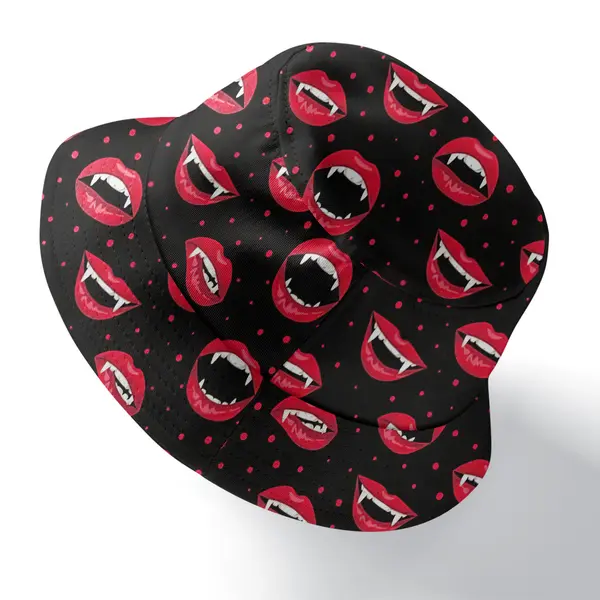 vampire lips with fangs & blood droplets pattern bucket hat for men