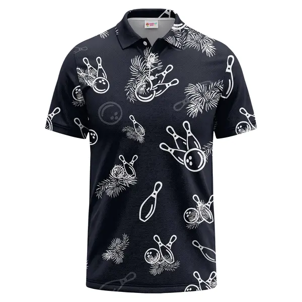 watercolor bowling ball pins and palm leaf repeat navy casual button polo shirt