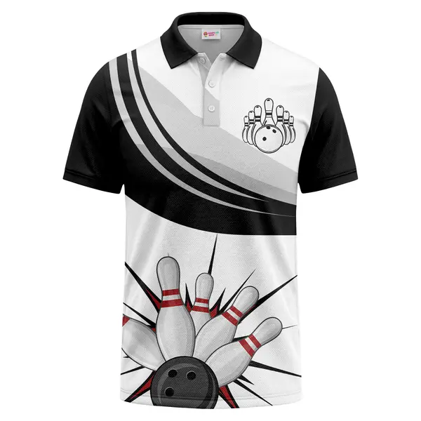 bowling ball striking pins dynamic action graphic polo shirt, diagonal stripe custom printed golf po
