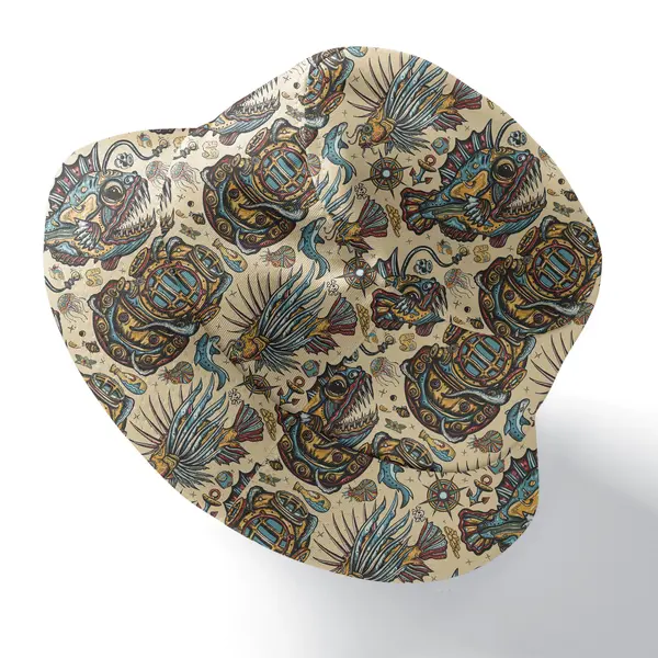 steampunk diving helmets & vintage fish repeat pattern navy all over print bucket hat