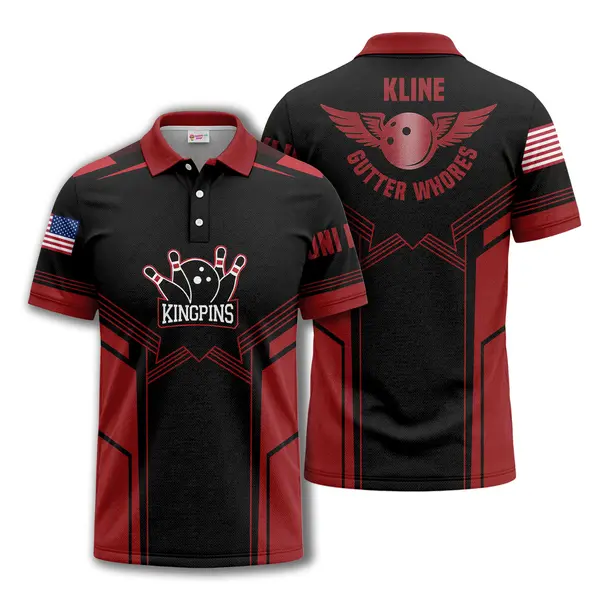 bowling kingpins custom name red black stripes all over print polo shirt