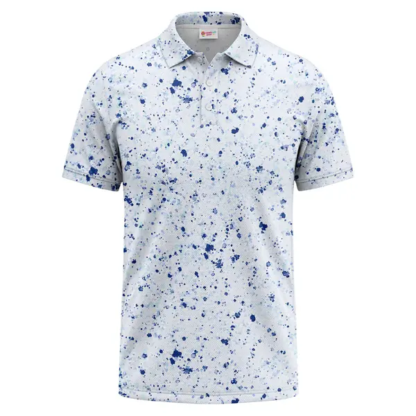 Splatter Paint Abstract Art Polo Shirt | Navy Blue Sky Blue White Custom Printed Golf Polo – front