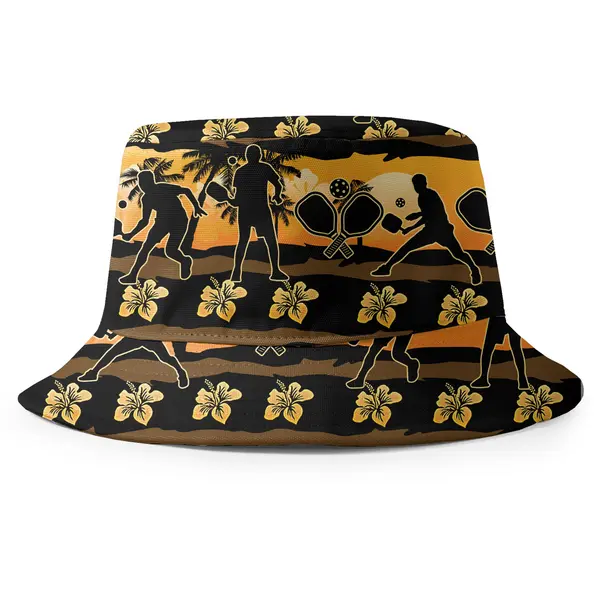 sunset silhouette pickleball players hibiscus floral bucket hat reversible bucket hat