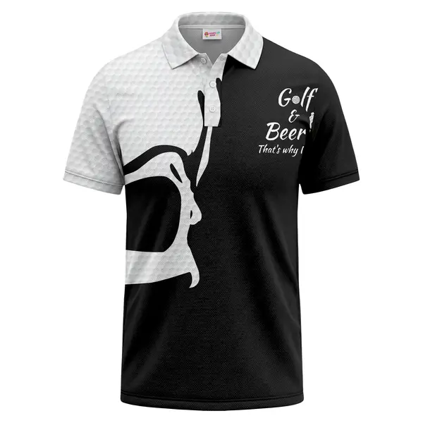 golf ball texture with golfer silhouette and beer bottle casual button polo shirt