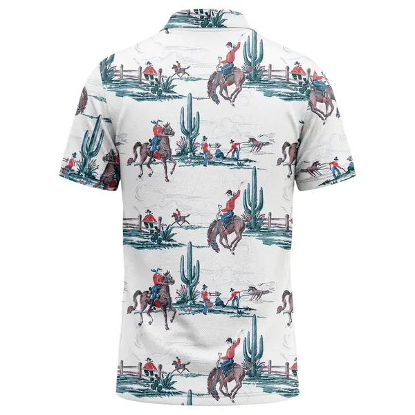 Vintage Illustrated Cowboys Horses Cacti Ranch Scene Repeat Pattern Polo Shirt For Men – back