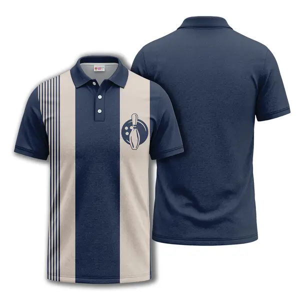 bowling ball & pin vertical stripes navy blue classic men's polo shirt