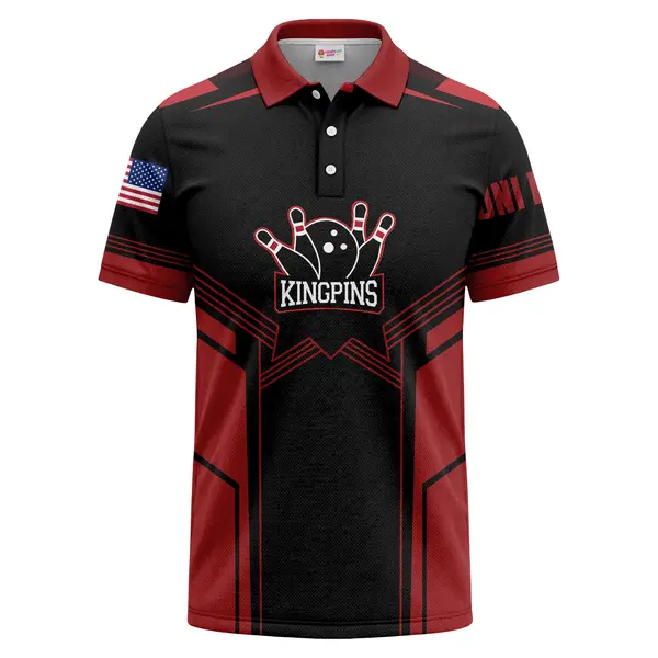 bowling kingpins custom name red black stripes all over print polo shirt