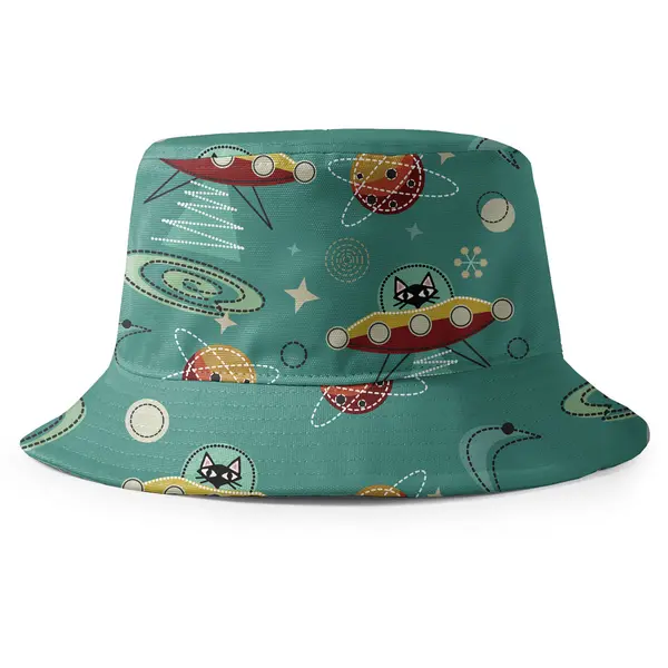 cosmic cat spaceship adventure planets stars summer beach bucket hat