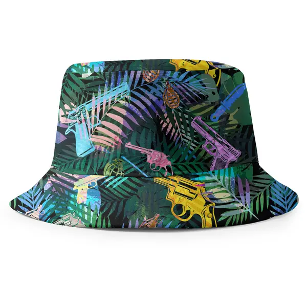 vintage cartoon palm leaves with pistols & grenades bucket hat for men