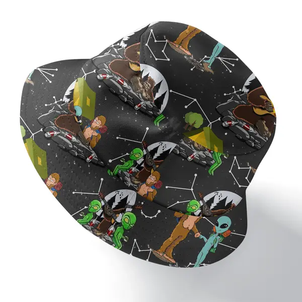 sasquatch & alien campfire jam under constellation stars reversible bucket hat