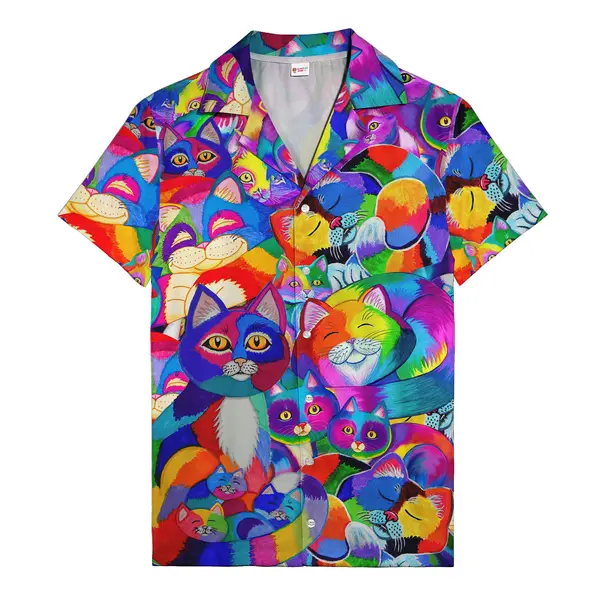 psychedelic rainbow cats all over print hawaiian shirt for men