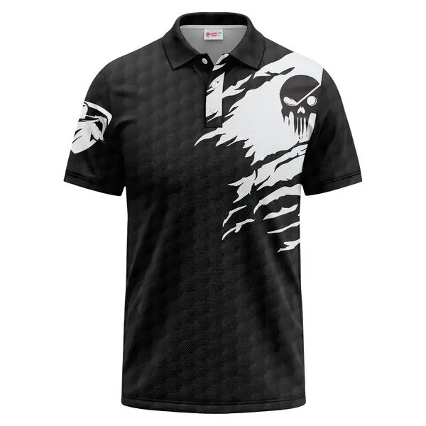 ripped fabric skull graphic monochrome black polo shirt men's performance polo shirt