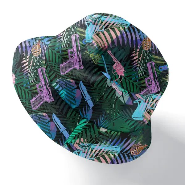 vintage cartoon palm leaves with pistols & grenades bucket hat for men