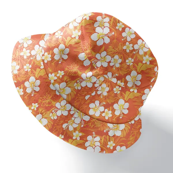 watercolor hibiscus floral tropical leaves coral sunset bucket hat fisherman style bucket hat