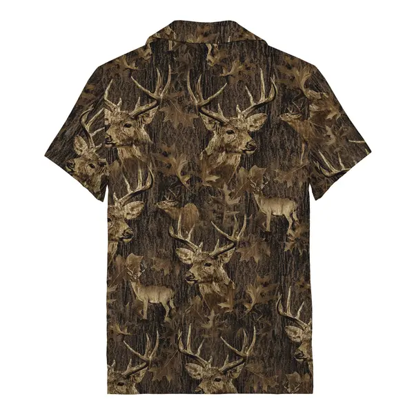 photorealistic whitetail deer & oak leaves forest camouflage hawaiian shirt for women