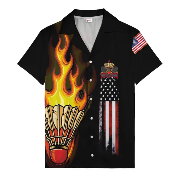 flaming badminton shuttlecock us flag stars & stripes hawaiian shirt for men