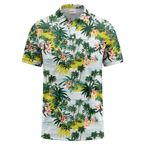 Watercolor Palm Trees & Hibiscus Floral Polo Shirt Custom Printed Golf Polo – front