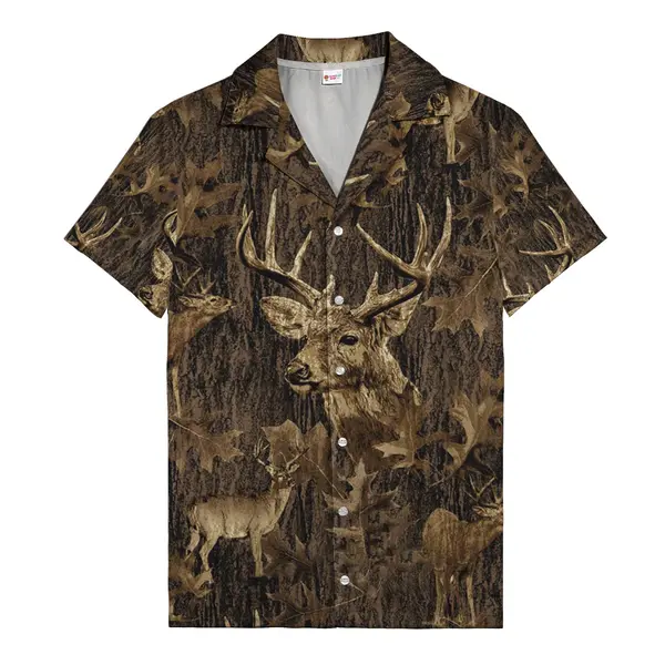 photorealistic whitetail deer & oak leaves forest camouflage hawaiian shirt for women