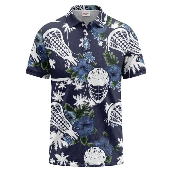 watercolor lacrosse helmet & hibiscus floral navy men's performance polo shirt