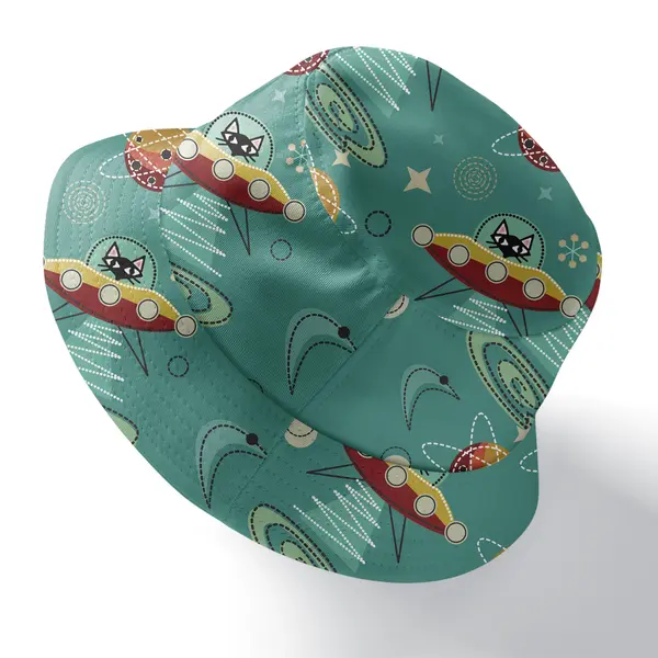 cosmic cat spaceship adventure planets stars summer beach bucket hat