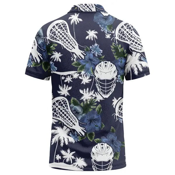 watercolor lacrosse helmet & hibiscus floral navy men's performance polo shirt